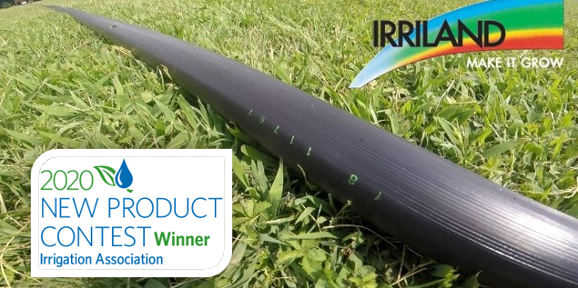 Immagine di un campo con erba ed un tubo per irrigazione, un logo del NEW PRODUCT CONTEST 2020