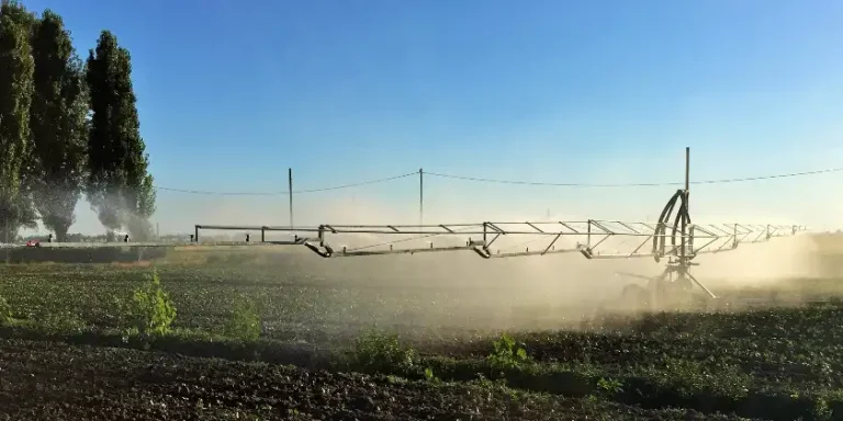 Un campo coltivato con ala piovana in azione costituita da un carrello semovente in acciaio e bracci in acciaio dai quali fuoriescono i getti d'acqua